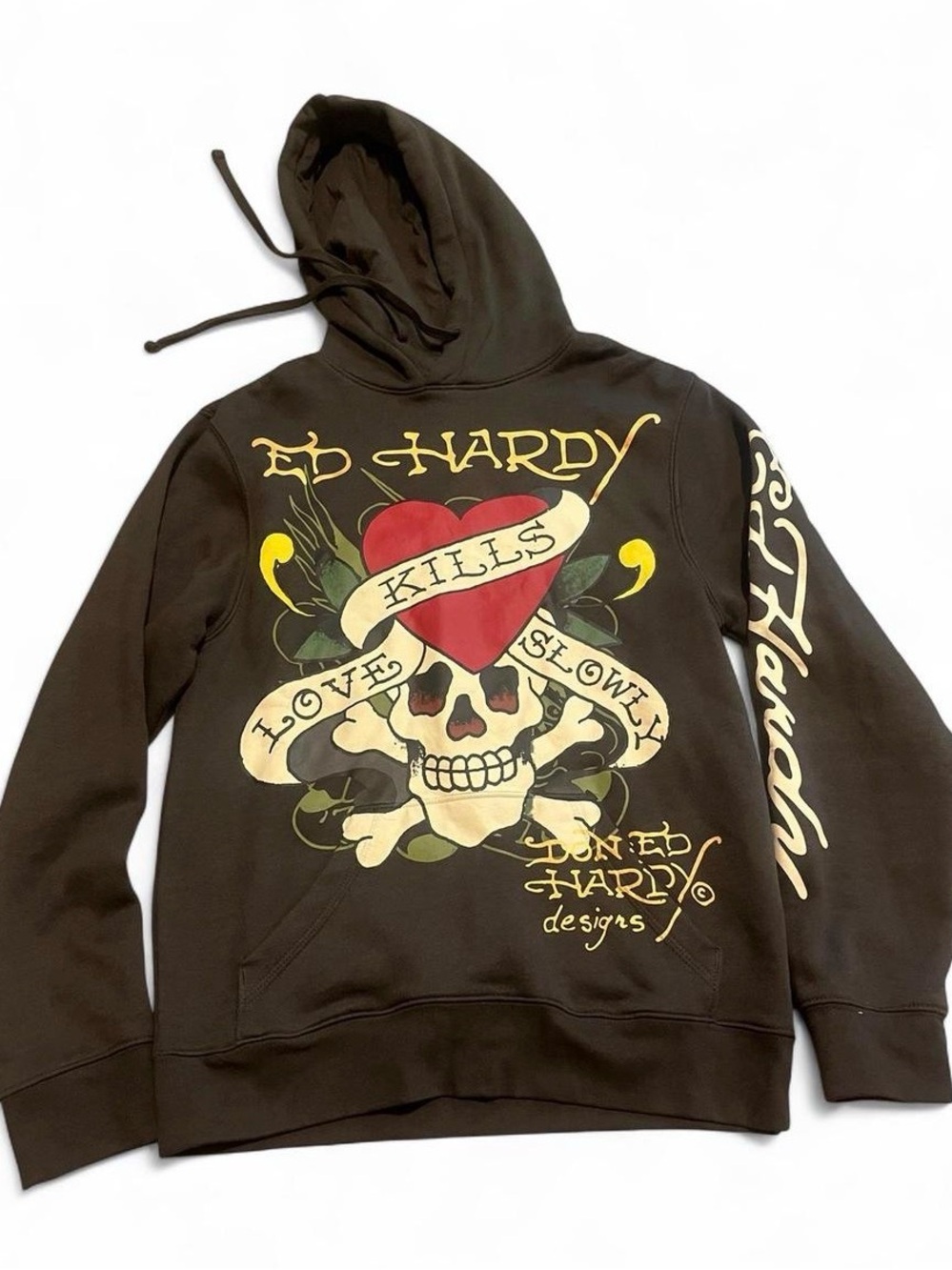 Ed Hardy Brown Hoodie with Red Heart &‎ Cream Skull Graphic